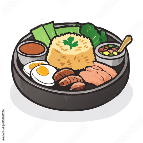 Fotografi Plate of rice with grilled meat and assorted vegetable sides for a traditional a