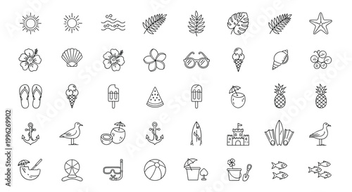 Nautical and seaside life line icons including anchors seashells birds and beach equipment objects