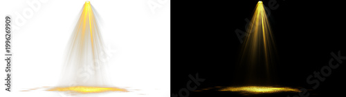 Golden spotlight beam effect on white background, bright light cone on floor.