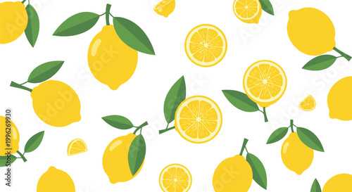 Seamless Lemon Pattern Vector with Fresh Yellow Citrus Fruits, Slices, and Green Leaves in Flat Style for Food Packaging, Textile Design, and Summer Background