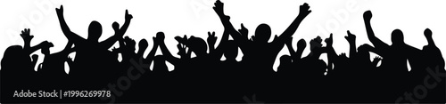 black silhouette crowd of cheering people with raised hands for concert festival sports event and entertainment branding
