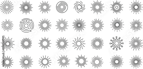 Set of abstract sunburst and radiant burst line art icons for graphic design
