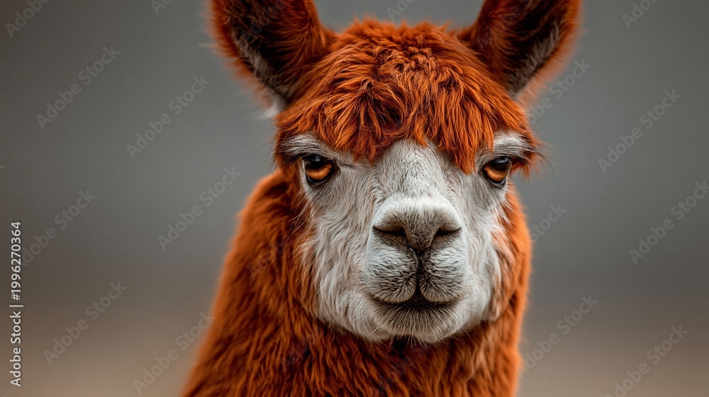 Naklejka premium Close-up of a reddish-brown alpaca with soft, thick fur. Its face is calm, eyes gentle, and ears alert. Neutral expression suggests quiet contemplation. Ideal for nature, wildlife