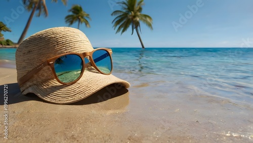 Straw Sun Hat and Sunglasses on Sandy Beach with Turquoise Ocean