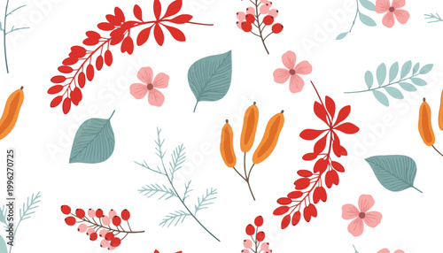 A flower illustration pattern with colorful leaves and branches on white background
