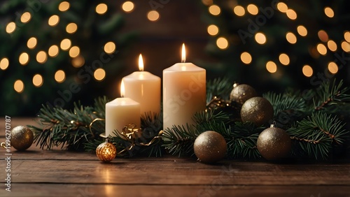 Christmas Still Life with Burning White Candles, Pine Branches, and Gold Ornaments