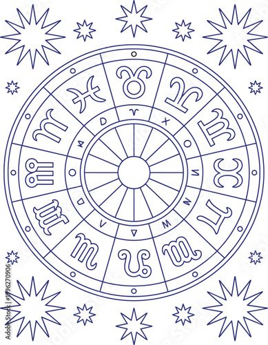 Zodiac wheel vector illustration with astrology signs celestial stars and mystic symbols line art