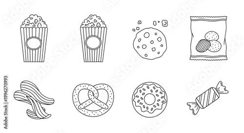 Collection of Hand Drawn Snack Icons for Food and Drinks.