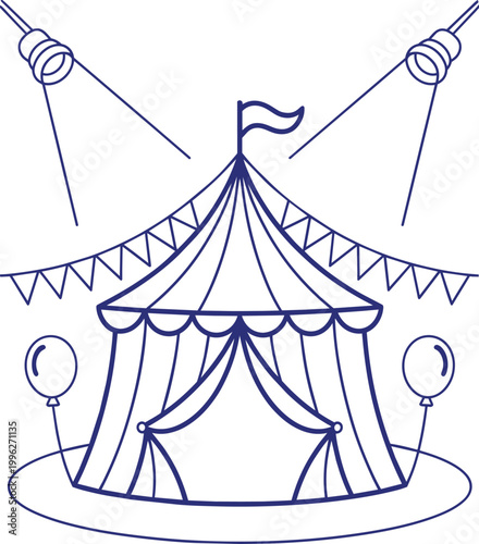 Circus tent big top vector illustration with spotlights balloons and bunting flags blue line art