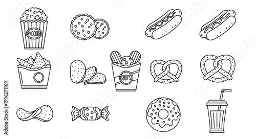 Collection of Hand Drawn Fast Food and Snack Icons.