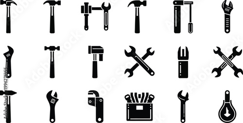A set of black and white silhouette icons depicting various hand tools and equipment for construction and repair work