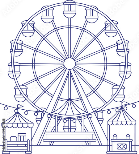 Ferris wheel and carnival tents simple vector illustration line art fairground amusement park scene