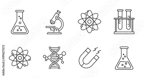 Collection of science and research icons in a simple line art style.