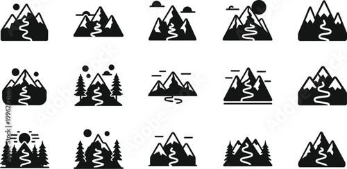 A set of minimalist mountain icons with trees and sun in a flat design style