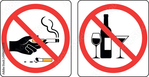 No Smoking and No Alcohol Prohibition Sign Vector Set with Red Circle Cross Symbols for Health Warning, Safety Regulation, Public Notice, and Restriction Icons