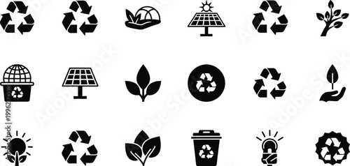 A set of eco-friendly icons representing recycling and sustainability in a modern, minimalist design style