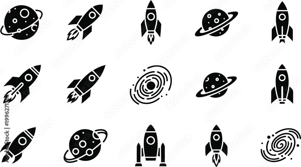 Obraz premium A set of black and white vector space icons featuring rockets and planets in a minimalist flat design style