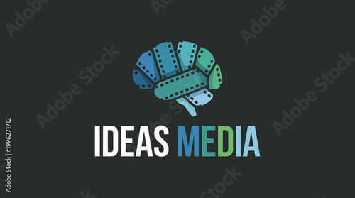 A modern logo design for a media company, integrating a brain graphic and film reels, symbolizing creativity and innovation in the field of media and entertainment industries.