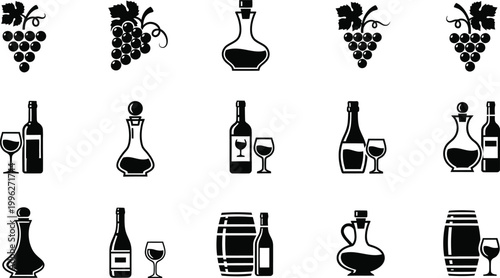 A set of black and white wine icons including bottles, glasses, and grapes in a minimalist style.
