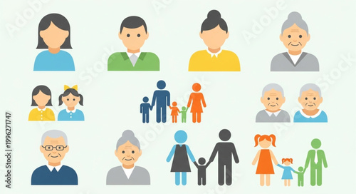 Diverse Family Generations Represented by Simple Icons.