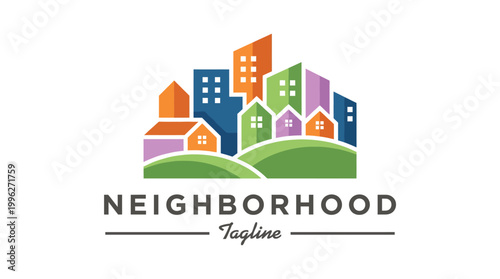 This vibrant illustration captures a modern neighborhood scene, featuring colorful buildings on green hills, conveying community, liveliness, and urban charm.