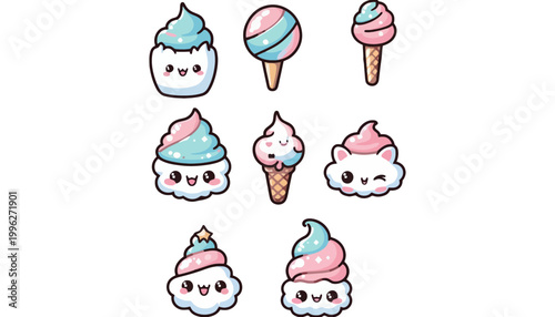 Ice cream vector illustrations of cute cartoon characters in pastel colors