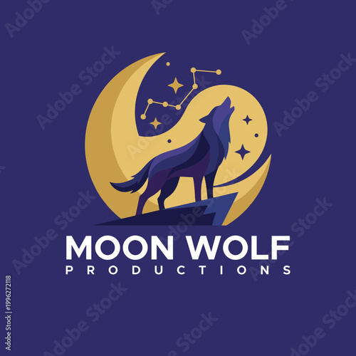 This logo design captures the essence of Moon Wolf Productions, featuring a majestic wolf howling at a crescent moon with stars, symbolizing creativity and inspiration.