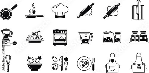 A set of black and white kitchen icons and utensils in a minimalist flat design style