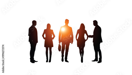 Business team members stand together in a bright office environment to discuss new company goals.