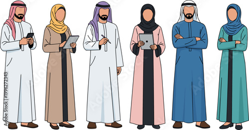 Middle Eastern Group of Men and Women in Traditional Clothing Using Smartphones and Tablets for Communication and Work