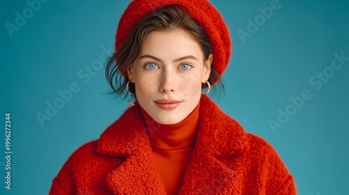 Woman wears bright red coat and hat. Her eyes meet the camera directly. Her expression is calm and inviting. Stunning contrast with vivid blue background. Perfect for fashion, winter