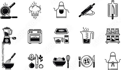 A set of black and white kitchen icons including cooking utensils and appliances.