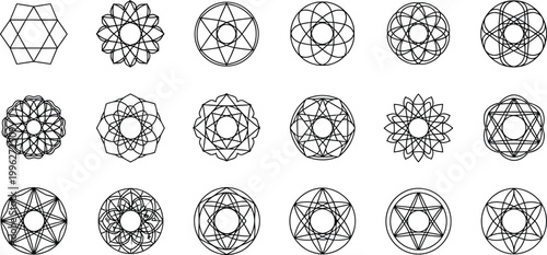 A collection of intricate geometric mandala designs in a minimalist line art style