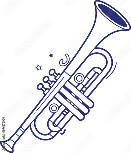 Trumpet vector illustration with outline style and stars elements isolated on white for music design