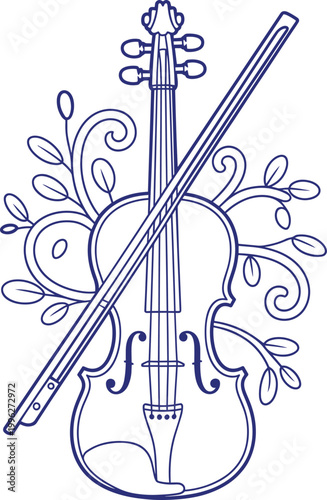 Violin with bow vector illustration with floral vine flourishes line art style on white background