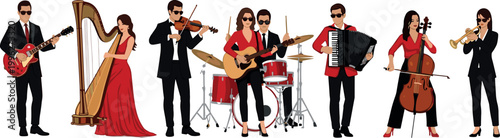 Musical Band Performing on Stage with Various Instruments Including Guitar, Drums, Harp, Violin, Accordion, and Trumpet