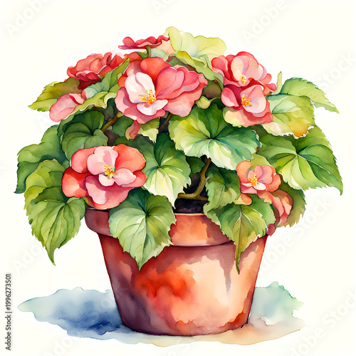 Begonia Rex in Pot Watercolor Illustration Isolated on White