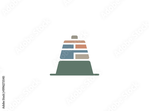 Abstract representation of a multi-layered structure resembling a tower or monument with geometric blocks in earthy tones, set against a white background