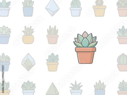 Charming vector icon of a potted succulent plant, vibrantly illustrated amidst a subtle botanical pattern, ideal for modern digital design and decorative elements