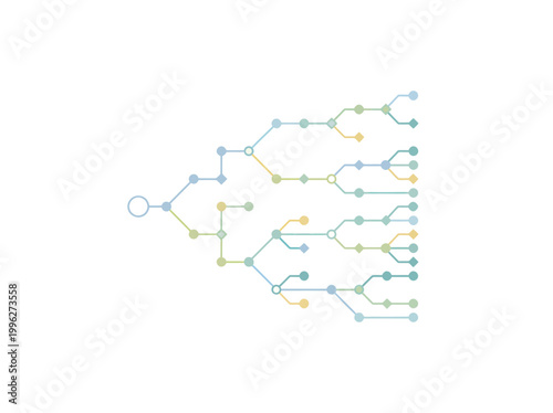 Abstract illustration of a complex branching network with interconnected nodes and diverse pathways, symbolizing data flow, logical decision trees, and system evolution