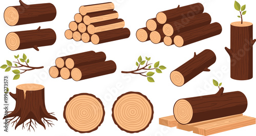 Wooden Log and Tree Stump Icon Set with Lumber Planks, Firewood Stacks, and Forest Wood Elements for Nature and Rustic Designs