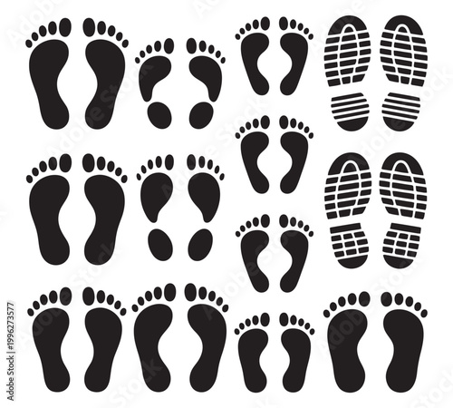 Human footprint, black silhouette people barefoot leg imprint shoes boot feet steps track marks isolated set collection vector illustration