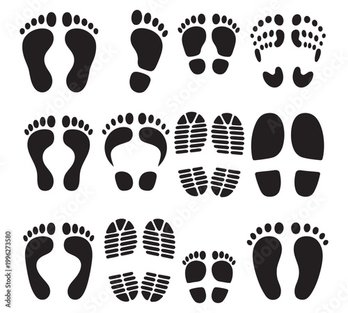 Human footprint, black silhouette people barefoot leg imprint shoes boot feet steps track marks trail path set vector illustration
