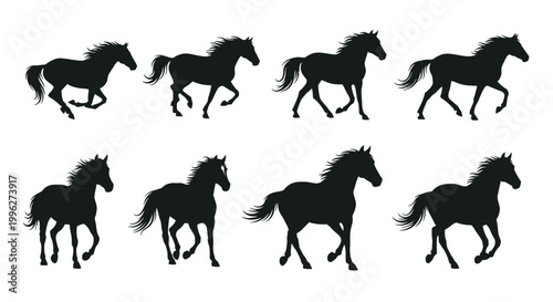 Collection of black horse silhouettes in various poses and gaits silhouette