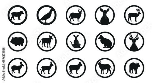 Collection of animal icons in circles featuring distinct animal silhouettes