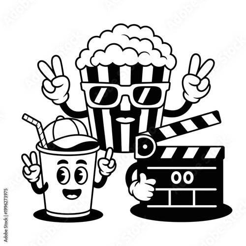 A cartoon popcorn bucket wearing sunglasses with a soda cup and clapperboard