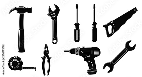 Collection of various hand tools and power tools in black silhouette