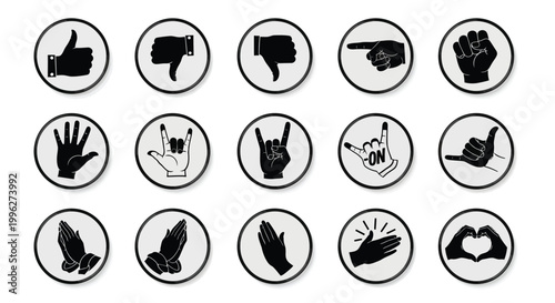 Various hand gestures displayed as black icons in circular frames silhouette