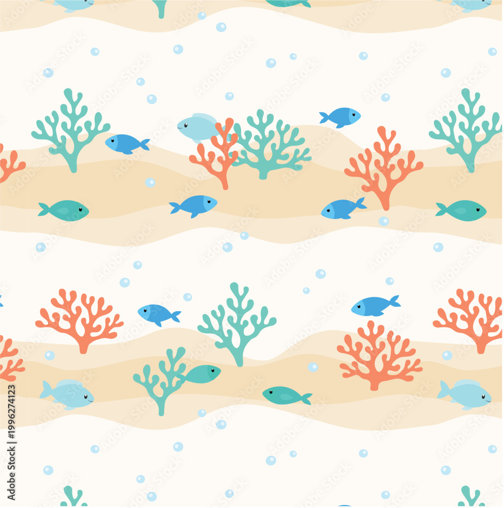 Fototapeta premium Seamless Ocean Fish Coral Pattern Marine Nursery Underwater Coastal Background