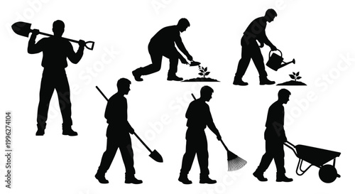 Gardeners performing various tasks with tools depicted in black silhouette